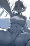  1girl backlighting bare_shoulders breasts collarbone covered_navel greyscale gundam gundam_suisei_no_majo hews highleg highleg_leotard highres large_breasts leotard looking_at_viewer monochrome open_mouth outstretched_arm parted_bangs secelia_dote short_hair short_shorts shorts sitting sketch smile solo spread_legs thighhighs thighs 