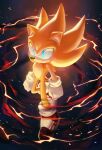  absurdres animal_ears artist_name blue_eyes electricity gloves hedgehog hedgehog_ears hedgehog_tail highres looking_to_the_side red_footwear shoes solo sonic_(series) sonic_frontiers sonic_the_hedgehog spacecolonie super_sonic tail white_gloves yellow_fur 