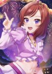  1girl absurdres birthday blush breasts commentary finger_gun fireworks highres jewelry kyaku_tatsu looking_at_viewer love_live! love_live!_school_idol_project medium_hair midriff navel necklace nishikino_maki purple_eyes red_hair signature small_breasts smile solo sparkle swept_bangs tiara upper_body 