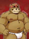  2023 anthro asian_clothing bear brown_body build64813614 bulge clothing cute_fangs east_asian_clothing eyes_closed fundoshi hi_res humanoid_hands japanese_clothing kemono male mammal moobs navel nipples overweight overweight_male saigou_shirou sengoku_puzzle solo underwear white_clothing white_fundoshi white_underwear 