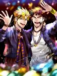  2boys battle_tendency black_hair blonde_hair blue_jacket blurry bokeh bracelet brown_hair caesar_anthonio_zeppeli confetti contemporary depth_of_field facial_mark green_eyes headset highres idol jacket jewelry jojo_no_kimyou_na_bouken joseph_joestar joseph_joestar_(young) laughing male_focus mikan03260 multiple_boys necklace star_(symbol) star_necklace waving wristband 