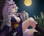  1girl alternate_color amputee baiken big_hair black_jacket black_kimono breasts eyepatch facial_tattoo full_moon guilty_gear guilty_gear_strive highres jacket jacket_on_shoulders japanese_clothes kataginu kimono large_breasts looking_at_viewer moon multicolored_clothes multicolored_kimono one-eyed parted_lips pink_eyes pink_hair ponytail samurai scar scar_across_eye sptn_00 tattoo white_kimono 