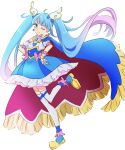  1girl asymmetrical_clothes blue_cape blue_dress blue_eyes blue_hair blue_theme cape commentary_request cure_sky detached_sleeves dress earrings eyelashes fingerless_gloves fpminnie1 gloves gradient_hair hair_ornament happy highres hirogaru_sky!_precure jewelry light_blue_hair long_hair looking_at_viewer magical_girl multicolored_hair one_eye_closed pink_hair precure puffy_short_sleeves puffy_sleeves shoes short_sleeves simple_background smile solo sora_harewataru standing streaked_hair thighhighs thighs twintails white_background white_gloves 