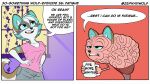  2_panel_comic anthro border brown_body brown_fur canid canine canis cheek_tuft clothing coffee_mug dialogue english_text facial_tuft fangs female fur green_body green_fur green_highlights green_sclera grey_body grey_fur hair half-closed_eyes hi_res highlights_(coloring) humor inner_ear_fluff mammal narrowed_eyes open_mouth personification red_background shirt simple_background solo speech_bubble sweatpants t-shirt teeth text topwear tuft white_body white_border white_fur white_hair wolf zephyri_q_wolf zephyriwolf 