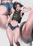  1boy absurdres arm_up armpits arms_up ass bare_shoulders blue_shorts cutoffs denim denim_shorts fang highres looking_at_viewer male_focus navel original short_shorts shorts smile solo thighs ziv_zivy 