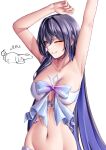  2girls absurdres armpits arms_up bandeau bare_arms bare_shoulders blue_eyes bow breasts bronya_zaychik commentary_request grin groin highres honkai_(series) honkai_impact_3rd medium_breasts midriff multiple_girls navel one_eye_closed purple_hair pyeong-il_pyeongil seele_vollerei simple_background smile stomach strapless thumbs_up translation_request tube_top upper_body white_background 