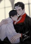  2boys absurdres aqua_eyes batman_(series) black_hair black_jacket blurry blurry_background character_name closed_eyes closed_mouth collared_shirt dc_comics dick_grayson highres jacket jason_todd long_sleeves male_focus multicolored_hair multiple_boys naijarski parted_lips pectoral_cleavage pectorals red_shirt shirt upper_body white_hair white_shirt window yaoi 