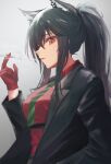  1girl absurdres animal_ear_fluff animal_ears arknights black_hair black_jacket blowing_smoke cigarette gloves green_necktie highres holding holding_cigarette jacket long_hair long_sleeves looking_at_viewer necktie nekomata_(nekomatamagogo) official_alternate_costume red_gloves red_shirt shirt smile smoke smoking striped_necktie texas_(arknights) texas_(willpower)_(arknights) upper_body wolf_ears wolf_girl 