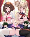  2girls between_breasts black_bra black_panties black_thighhighs blonde_hair boku_no_hero_academia bra breasts brown_hair character_doll commentary_request curtains highres large_breasts long_sleeves midoriya_izuku multiple_girls necktie necktie_between_breasts panties pink_bra purple_skirt red_necktie school_uniform short_hair sitting skirt thighhighs toga_himiko underwear uraraka_ochako waterring white_panties white_thighhighs window yellow_eyes 