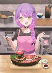  1girl :d absurdres animal apron bangs blush bowl braid breasts cat choker chopsticks cutting_board ear_piercing earrings food ginger_root green_eyes green_nails gunkanmaki hair_ornament hairclip highres holding holding_chopsticks hololive jewelry jmao long_hair looking_at_viewer multicolored_hair open_mouth piercing purple_hair purple_nails rice sashimi shamoji smile solo soy_sauce sushi tokoyami_towa two-tone_hair virtual_youtuber wasabi 