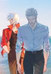  2boys absurdres beach belt belt_buckle black_belt black_pants black_shirt blue_shirt brothers buckle closed_eyes collared_shirt cowboy_shot dante_(devil_may_cry) devil_may_cry_(series) facing_to_the_side hand_in_pocket head_down highres jacket male_focus multiple_boys ocean outdoors pants red_jacket sebby1725 shirt short_hair siblings sleeves_rolled_up vergil_(devil_may_cry) white_hair 