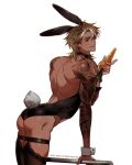  1boy animal_ears arm_tattoo ass bara bare_back beckoning bishounen black_thighhighs brown_hair bunny_day carrot come_hither dark-skinned_male dark_skin feet_out_of_frame fence food from_side highres holding holding_food index_finger_raised looking_at_viewer male_focus medium_hair multicolored_hair muscular muscular_male original rabbit_ears rabbit_tail solo streaked_hair tail tattoo thick_eyebrows thighhighs white_hair yotti 