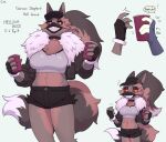  2023 anthro background_character biped black_eyeshadow bodily_fluids bomber_jacket bottomwear breasts brown_body brown_fur canid canid_demon canine canis choker clothing container cup demon digital_media_(artwork) disposable_cup domestic_dog english_text eyeshadow female fingerless_gloves fur german_shepherd gloves handwear hat headgear headwear hellhound helluva_boss herding_dog hi_res jewelry makeup mammal necklace pastoral_dog red_sclera shorts solo sususuigi sweat text white_eyes 
