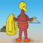  1:1 3_fingers 3_toes anthro avian big_bird bird clothes_hanger clothing coat cursed cursed_image ed_harrington feathers feet fingers gradient_background holding_clothing holding_object jacket male markings nude orange_body pink_stripes purple_eyelids ring_(marking) sesame_street simple_background solo standing stripes text thanks_i_hate_it toes topwear url white_body white_feathers yellow_body yellow_clothing yellow_coat yellow_feathers yellow_jacket_(clothing) yellow_topwear 