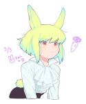  1boy ahoge androgynous animal_ears arched_back ascot black_pants closed_mouth green_hair highres kemonomimi_mode kome_1022 lio_fotia looking_ahead looking_up male_focus no_jacket orange_eyes pants promare rabbit_boy rabbit_ears rabbit_tail shirt short_hair sidelocks simple_background solo tail white_ascot white_background white_shirt 