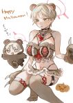  1girl absurdres animal_ears animal_hands bear_ears bear_paws black_choker blonde_hair blue_archive blush bra breasts brown_bra brown_gloves brown_thighhighs choker dantyou2525 gloves halloween halloween_costume halo happy_halloween highres large_breasts marina_(blue_archive) multiple_views navel open_mouth paw_gloves red_halo short_hair simple_background thighhighs underwear white_background yellow_eyes 