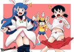  1boy 2girls animal_ears blue_eyes blue_footwear blue_shorts blunt_bangs blush border breasts brown_eyes closed_eyes clothes_pull detached_sleeves doraemon doraemon:_nobita_no_getsumentansaki doraemon_(character) dress hands_up highres hime_cut long_hair long_sleeves luna_tsukino minamoto_shizuka multiple_girls navel open_mouth panties pants pants_pull pink_background pink_panties pleated_skirt rabbit_ears red_skirt ribbon_panties ryoumoto_hatsumi shirt shoes short_hair short_twintails shorts sidelocks signature simple_background skirt skirt_pull small_breasts socks sweatdrop sweater turtleneck turtleneck_sweater twintails underwear white_border white_dress white_panties white_socks yellow_shirt 