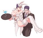  2boys animal_ears armband black_hair carrying closed_eyes crossdressing detached_collar diamond_wa_kudakenai fake_animal_ears formal hat high_heels highleg highleg_leotard jojo_no_kimyou_na_bouken kujo_jotaro lace-trimmed_thighhighs lanxjourney leotard male_focus multiple_boys neck_ribbon necktie pectoral_cleavage pectorals playboy_bunny princess_carry rabbit_ears rabbit_tail ribbon selfcest shirt stardust_crusaders strapless strapless_leotard suit tail thighhighs tray waitress white_shirt white_thighhighs wrist_cuffs 