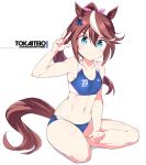  1girl alternate_costume animal_ears blue_buruma blue_eyes bow breasts brown_hair buruma character_name clothes_writing ear_ornament hair_between_eyes hair_flaps high_ponytail horse_ears horse_girl horse_tail indian_style long_hair looking_at_viewer midriff multicolored_hair navel pink_bow ponytail shigino_sohuzi simple_background sitting small_breasts smile solo sports_bikini sports_bra streaked_hair tail tokai_teio_(umamusume) two-tone_hair umamusume w white_background white_hair 