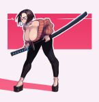  1girl absurdres bare_shoulders bent_over black_footwear black_hair black_pants blue_eyes blue_nails bob_cut breasts capri_pants cleavage collarbone commission earrings english_commentary fake_nails full_body glasses hand_on_hilt highres holding holding_sword holding_weapon hoop_earrings huge_breasts jewelry katana long_sleeves mole mole_on_breast no_bra no_socks off-shoulder_sweater off_shoulder ootachi original pants piku184 platform_footwear puffy_long_sleeves puffy_sleeves ribbed_sweater sagging_breasts sheath sheathed short_hair simple_background solo striped striped_pants sweater sword thick_eyebrows vertical-striped_pants vertical_stripes very_long_fingernails weapon 