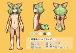  anthro barefoot breasts canid feet female flat_chested front_view genitals green_eyes green_hair green_nipples hair hi_res komenuka_inaho mammal model_sheet nipples nude pussy rear_view renmei_(komenuka_inhaho) small_breasts solo standing 