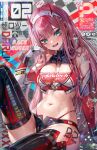  1girl absurdres alternate_costume arm_tattoo breasts cameltoe cover darling_in_the_franxx elbow_gloves fake_magazine_cover fang gloves green_eyes hairband hand_up highres horns long_hair looking_at_viewer magazine_cover medium_breasts micro_shorts navel nekodayo22 open_mouth panty_straps pink_hair race_queen red_eyeliner red_horns shorts sitting solo stomach tattoo thighhighs very_long_hair white_hairband zero_two_(darling_in_the_franxx) 