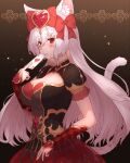  1girl absurdres animal_ear_fluff animal_ears black_dress bow bracer breasts cat_ears cat_girl cat_tail cleavage dress grey_hair hair_between_eyes hair_bow highres king&#039;s_raid kirze large_breasts long_hair looking_at_viewer puffy_short_sleeves puffy_sleeves red_bow red_eyes shirakami_fubuki_(1st_costume) short_sleeves solo tail yu_mochi_(kamiinu) 