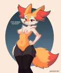  1girl :3 animal_ear_fluff animal_ears animal_nose arm_at_side artist_name azoomer black_fur black_thighhighs blue_background blush body_fur braixen breasts commentary english_commentary english_text fox_ears fox_girl fox_tail furry furry_female gradient_background groin hand_on_own_hip happy highres legs_together light_blush looking_at_viewer medium_breasts multicolored_fur navel neck_fur nipples nose_blush nude open_mouth outline outside_border personification pokemon pokemon_(creature) pussy raised_eyebrows red_eyes smile snout solo stomach tail talking thighhighs uncensored watermark white_fur white_outline yellow_fur 