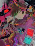  1girl abstract braid brown_hair closed_eyes closed_mouth eye_person_(yume_nikki) eyelashes floating_hair hand_up head_tilt highres knife lips long_hair madotsuki pink_sweater solo su_tak sweater turtleneck turtleneck_sweater twin_braids twintails yume_nikki 