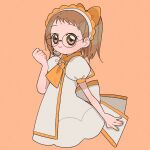  1girl blush bow brown_eyes brown_hair closed_mouth commentary_request dress fujiwara_hazuki glasses hair_bow hand_up headset long_hair looking_at_viewer musical_note ojamajo_doremi orange_background orange_bow orange_scarf round_eyewear scarf shirokuma_(bluuuuue7_ao) short_bangs smile solo white_dress 