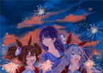  3girls animal_ears blue_hairband blue_jacket brown_eyes brown_hair cherrydeswa closed_eyes commentary_request ear_covers fang female_trainer_(umamusume) fireworks fox_mask grey_hair hair_between_eyes hairband horse_ears horse_girl inari_one_(umamusume) jacket long_hair long_sleeves mask multiple_girls open_mouth outdoors purple_hair red_jacket smile tamamo_cross_(umamusume) thick_eyebrows tracen_training_uniform track_jacket twintails umamusume upper_body 