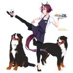  1girl animal animal_ears apron ball brown_hair collarbone commentary cup dog employee_uniform food full_body highres holding horse_ears horse_girl horse_tail multicolored_hair quatraise real_life shirt smile soccer_ball solo standing standing_on_one_leg tail tanino_gimlet_(umamusume) twitter_username two-tone_hair umamusume uniform white_background white_hair white_shirt yellow_eyes yogibo 