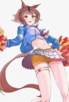  1girl animal_ears belt blue_jacket blush brown_eyes brown_hair cheerleader crop_top from_below highres horse_ears horse_girl horse_tail jacket looking_at_viewer midriff multicolored_hair naka1379 navel nice_nature_(run&amp;win)_(umamusume) nice_nature_(umamusume) official_alternate_costume official_alternate_hairstyle orange_shorts pom_pom_(cheerleading) ponytail roar_yell!_tracen_academy_cheerleading_squad_(umamusume) shorts shorts_under_skirt simple_background skirt solo streaked_hair tail umamusume white_background white_skirt 