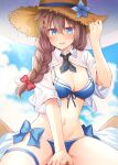  1girl bikini blue_bikini blue_eyes blush braid breasts brown_hair brown_headwear cleavage hair_between_eyes hat kantai_collection large_breasts long_hair navel official_alternate_costume open_clothes open_mouth open_shirt rui_shi_(rayze_ray) shigure_(kancolle) shigure_kai_san_(kancolle) shirt short_sleeves single_braid solo straw_hat swimsuit thigh_strap white_shirt 