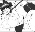  1boy 1girl animal_ears bar_censor blunt_bangs blush bow braid breasts cat_ears cat_girl censored chain collar commentary cum curvy ejaculation extra_ears greyscale hair_bow haseru_(ginku_mh) hetero huge_breasts kaenbyou_rin looking_at_another medium_hair monochrome motion_lines nekomata open_mouth pointy_ears restrained side_braids simple_background solo_focus stomach_bulge sweat symbol-only_commentary thick_eyebrows thighhighs tongue tongue_out touhou twin_braids 