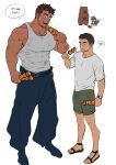  2boys bara bear beard chest_hair dark-skinned_male dark_skin dirty dirty_clothes dog eating facial_hair food food_on_face full_body highres holding holding_skewer ken_(suyohara) kuma_(suyohara) large_pectorals light_blush long_sideburns looking_at_another male_focus mature_male multiple_boys muscular muscular_male original pectorals short_hair shorts sideburns sidepec size_difference skewer standing stubble suyohara tail tail_wagging tank_top thick_eyebrows white_tank_top yaoi 