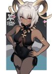  1girl animal_ear_fluff animal_ears ankh_necklace arknights armpits black_one-piece_swimsuit border carnelian_(arknights) carnelian_(shimmering_dew)_(arknights) casual_one-piece_swimsuit commentary cowboy_shot dark-skinned_female dark_skin english_commentary goat_ears goat_girl goat_horns gold_horns grey_hair hands_on_own_hips highres horns looking_at_viewer official_alternate_costume one-piece_swimsuit open_mouth red_eyes short_hair smile solo swimsuit yan_kodiac 