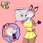  adhesive_bandage anthro bdsm bondage bound brown_body brown_fur canid canine clothing deer dress duo facebook_stickers female fox fur hi_res kidnapping littlefox_24-7 male male/female mammal orange_body orange_fur rope yellow_clothing yellow_dress 