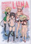  4girls absurdres akatsuki_kirika bikini black_bikini black_footwear black_gloves black_hair black_skirt black_thighhighs blonde_hair blue_eyes bow braid braided_ponytail breasts carol_malus_dienheim clothes_lift comiket_102 cover cover_page demon_tail doujin_cover dress dress_lift elbow_gloves embarrassed english_text fake_tail flat_chest frown fujikawa_daichi gloves green_eyes green_jacket hair_bow hair_ornament high_heels highres jacket lifted_by_self long_hair looking_at_viewer maria_cadenzavna_eve medium_breasts micro_bikini micro_shorts multiple_girls navel parted_lips pink_bow pink_hair pumps purple_eyes red_footwear senki_zesshou_symphogear shirt_lift short_hair shorts skirt sleeveless sleeveless_dress small_breasts smile stomach swimsuit swimsuit_under_clothes tail thighhighs tsukuyomi_shirabe twintails very_long_hair white_bikini white_footwear x_hair_ornament 