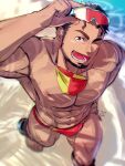  1boy abs bara beach beard blurry brown_eyes brown_hair depth_of_field facial_hair foot_out_of_frame from_above goggles goggles_on_head highres katoributa_a looking_at_viewer lower_teeth_only male_focus male_swimwear muscular muscular_male navel ocean one_eye_closed open_mouth original pectorals red_male_swimwear sand short_hair signature smile solo teeth 
