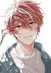  1boy closed_mouth flower given green_jacket jacket kizu_natsuki male_focus red_eyes red_hair satou_mafuyu shirt short_hair solo unbuttoned unbuttoned_shirt white_background white_shirt 