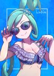  1girl adjusting_eyewear alternate_costume blue_background breasts character_name cleavage closed_mouth commentary_request earrings green_eyes green_hair green_nails hands_up highres jewelry kotobukkii_(yt_lvlv) lisia_(pokemon) looking_at_viewer nail_polish one_side_up pokemon pokemon_(game) pokemon_oras ribs smile solo split_mouth sunglasses swimsuit upper_body 