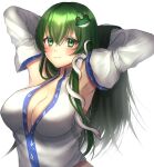  1girl armpits bloom breasts cleavage closed_mouth commentary_request detached_sleeves frog_hair_ornament green_eyes green_hair hair_between_eyes hair_flowing_over hair_ornament highres kochiya_sanae large_breasts light_smile long_hair long_sleeves looking_at_viewer midriff simple_background snake_hair_ornament solo touhou upper_body very_long_hair white_background yayoi_maka 