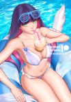  1girl artist_name bikini blue_hair blunt_bangs breasts bubble_tea colored_inner_hair drink drinking drinking_straw drinking_straw_in_mouth eyewear_on_head holding holding_drink large_breasts long_hair looking_at_viewer multicolored_hair mystra77 navel object_on_breast outdoors panty_&amp;_stocking_with_garterbelt patreon_logo patreon_username pink_hair solo stocking_(psg) swimsuit two-tone_hair 