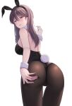  1girl absurdres animal_ears ass bang_dream! bare_shoulders black_hairband black_leotard breasts brown_hair brown_pantyhose commentary_request cowboy_shot detached_collar fake_animal_ears fake_tail fingernails from_behind hair_between_eyes hairband half-closed_eyes hand_on_own_ass hand_up highres leotard long_hair looking_at_viewer looking_back medium_breasts mole mole_under_eye pantyhose parted_lips playboy_bunny ptal purple_eyes rabbit_ears rabbit_tail scowl shiina_taki simple_background solo standing strapless strapless_leotard tail v-shaped_eyebrows white_background wrist_cuffs 
