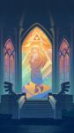  absurdres blonde_hair commentary dress highres indoors long_hair pointy_ears princess_zelda princess_zelda_(botw) sandals scenery stained_glass strapless strapless_dress the_legend_of_zelda the_legend_of_zelda:_breath_of_the_wild triforce white_dress x.x.d.x.c 