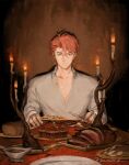  1boy artist_name bread candle collarbone commentary countdown_to_countdown cupcake english_commentary food fork hair_between_eyes highres holding holding_fork lillium_white male_focus nervous orange_hair plate shirt simple_background solo steak sweatdrop table velocesmells white_shirt 