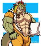  absurd_res anthro big_muscles body_hair bowser bulge chest_hair clothing costume darknaigart dinosaur facial_hair green_body hi_res horn jace_(darknaig) male mario_bros muscular muscular_anthro muscular_male nintendo nipples one_eye_closed pajamas pecs pillow reptile scalie solo tattoo theropod tyrannosaurid tyrannosaurus tyrannosaurus_rex wink 
