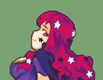  1girl breasts commentary facial_mark fire_emblem fire_emblem_engage from_side glaceo green_background hair_ornament large_breasts long_hair lowres pixel_art profile red_eyes red_hair simple_background solo star_(symbol) star_hair_ornament yunaka_(fire_emblem) 