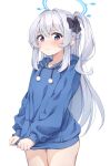  1girl ass blue_archive blue_halo blue_hoodie blush braid closed_mouth collarbone cowboy_shot grey_hair hair_between_eyes halo highres hood hood_down hoodie long_hair long_sleeves looking_at_viewer matsu520 miyako_(blue_archive) one_side_up purple_eyes revision simple_background solo white_background 